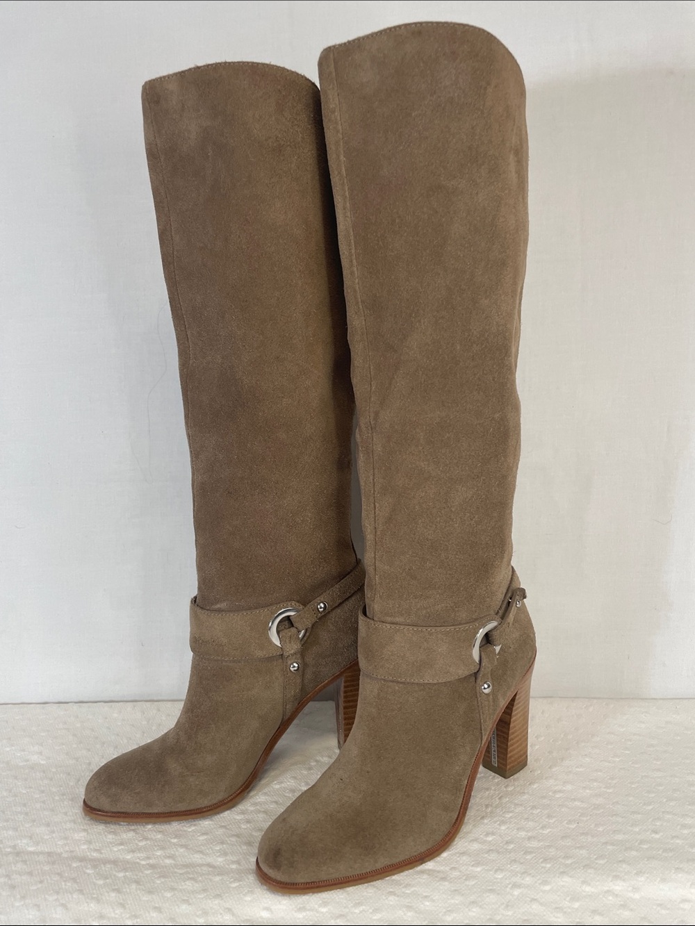 Donald J. Pliner Taupe Suede Knee Block Heeled Boots silver hardware 5.5NWOT